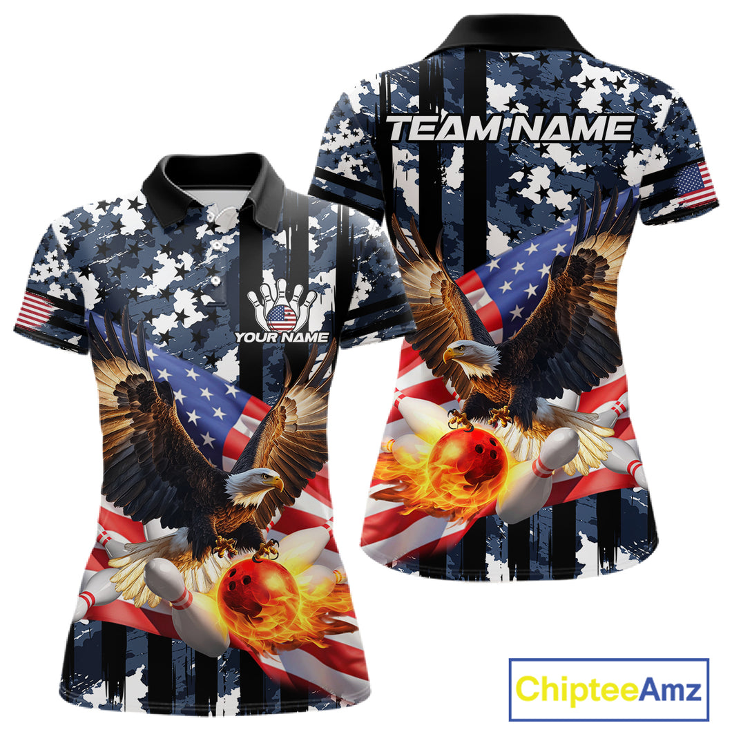 Blue Camo American Flag Eagle Flame Bowling Shirts For Women Custom Patriotic Bowling Team Shirts NQS10551