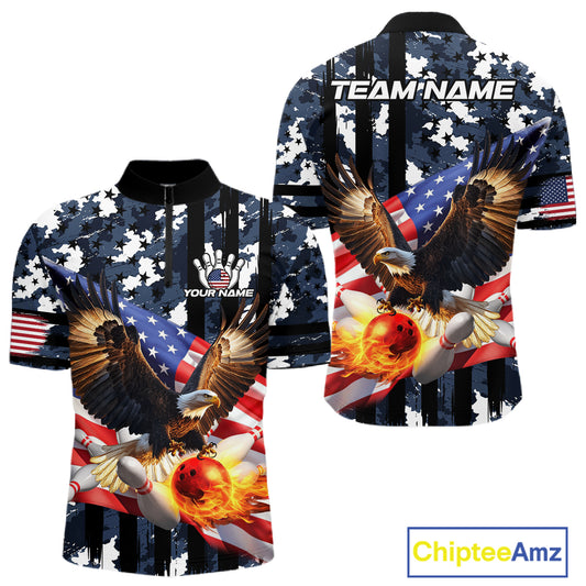 Blue Camo American Flag Eagle Flame Bowling Shirts For Men Custom Patriotic Bowling Team Shirts NQS10551