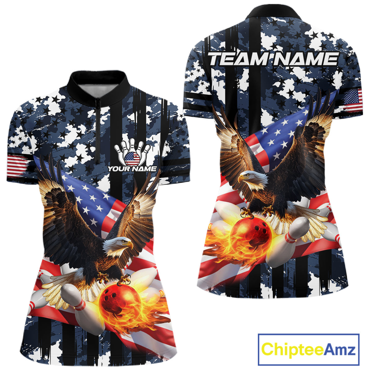 Blue Camo American Flag Eagle Flame Bowling Shirts For Women Custom Patriotic Bowling Team Shirts NQS10551