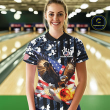 Load image into Gallery viewer, Blue Camo American Flag Eagle Flame Bowling Shirts For Women Custom Patriotic Bowling Team Shirts NQS10551