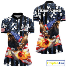 Load image into Gallery viewer, Blue Camo American Flag Eagle Flame Bowling Shirts For Women Custom Patriotic Bowling Team Shirts NQS10551