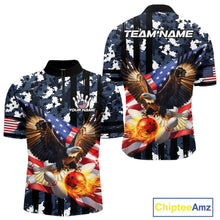 Load image into Gallery viewer, Blue Camo American Flag Eagle Flame Bowling Shirts For Men Custom Patriotic Bowling Team Shirts NQS10551