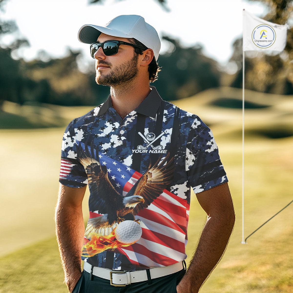 Blue Camo American Flag Eagle Flame Golf Polo Shirts for Men Custom Patriotic Team Mens Golf Outfit NQS10552