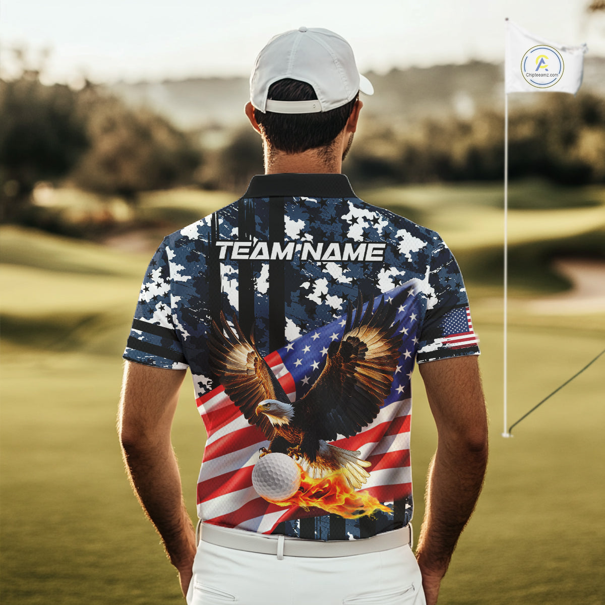 Blue Camo American Flag Eagle Flame Golf Polo Shirts for Men Custom Patriotic Team Mens Golf Outfit NQS10552