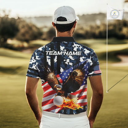 Blue Camo American Flag Eagle Flame Golf Polo Shirts for Men Custom Patriotic Team Mens Golf Outfit NQS10552
