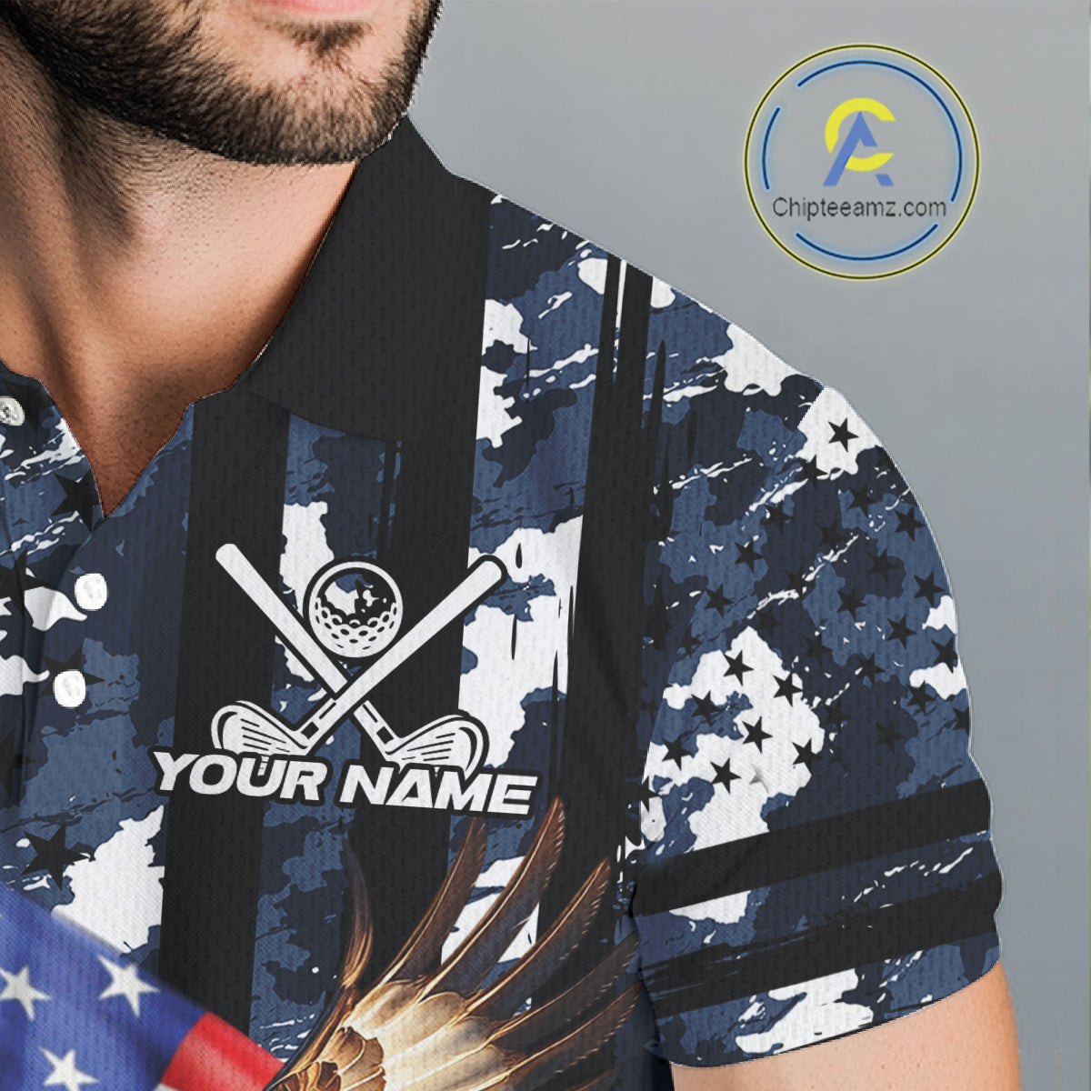 Blue Camo American Flag Eagle Flame Golf Polo Shirts for Men Custom Patriotic Team Mens Golf Outfit NQS10552
