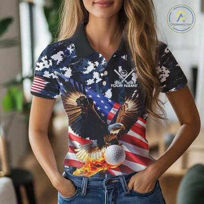 Blue Camo American Flag Eagle Flame Women Golf Polo Shirt Custom Patriotic Team Ladies Golf Outfit NQS10552