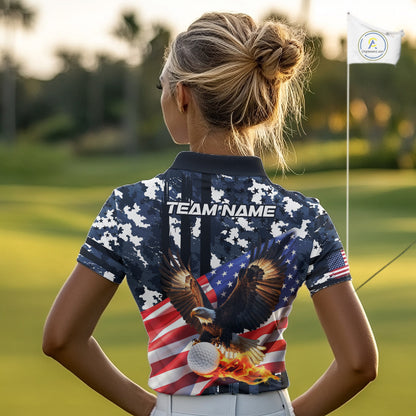 Blue Camo American Flag Eagle Flame Women Golf Polo Shirt Custom Patriotic Team Ladies Golf Outfit NQS10552