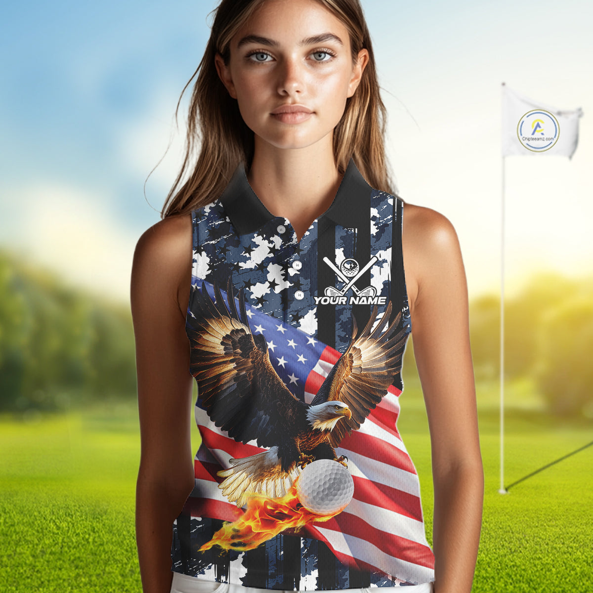 Blue Camo American Flag Eagle Flame Sleeveless polo Shirt Custom Patriotic Team Ladies Golf Outfit NQS10552