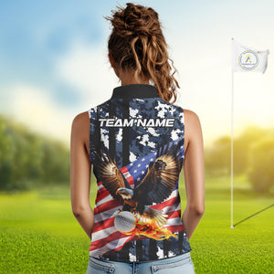 Blue Camo American Flag Eagle Flame Sleeveless polo Shirt Custom Patriotic Team Ladies Golf Outfit NQS10552