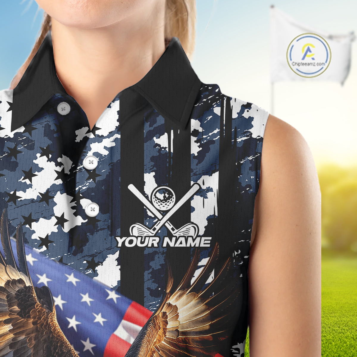 Blue Camo American Flag Eagle Flame Sleeveless polo Shirt Custom Patriotic Team Ladies Golf Outfit NQS10552