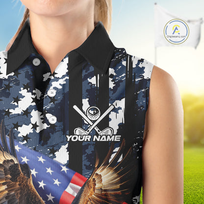 Blue Camo American Flag Eagle Flame Sleeveless polo Shirt Custom Patriotic Team Ladies Golf Outfit NQS10552