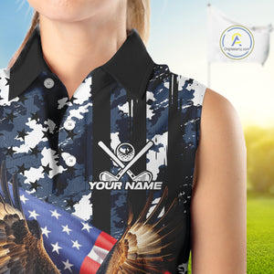 Blue Camo American Flag Eagle Flame Sleeveless polo Shirt Custom Patriotic Team Ladies Golf Outfit NQS10552