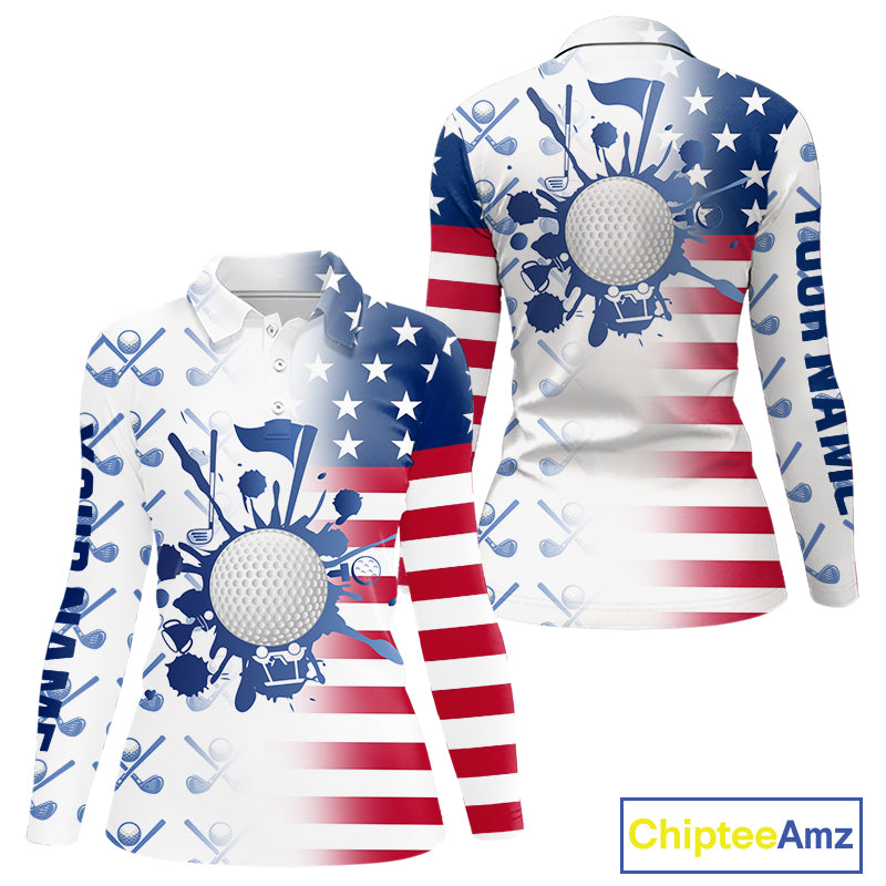 Red, White and Blue American Flag Women Golf polo shirts Custom patriotic Golf Outfit For Ladies NQS10035