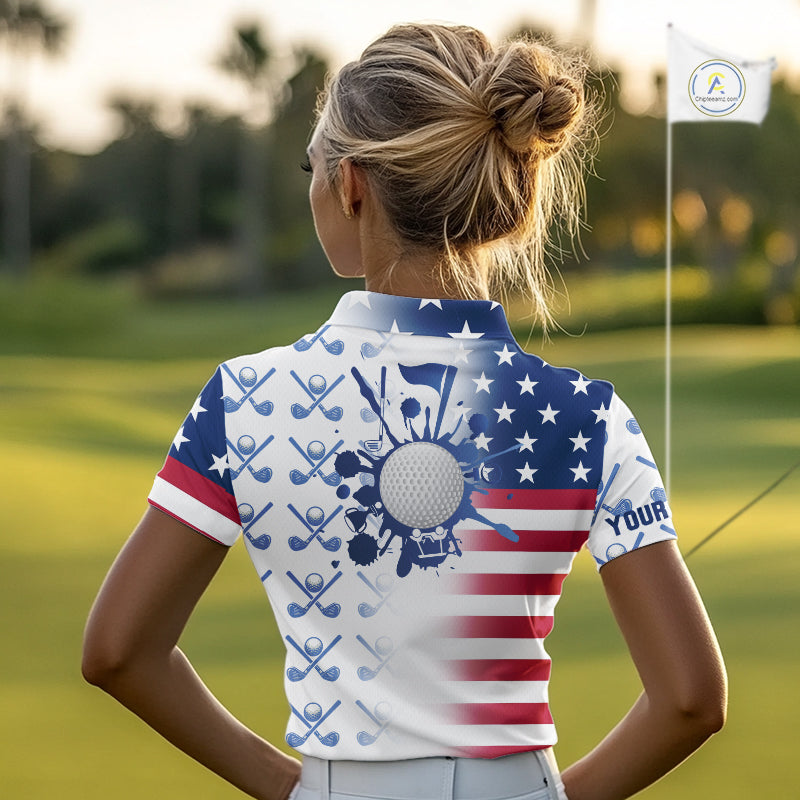 Red, White and Blue American Flag Women Golf polo shirts Custom patriotic Golf Outfit For Ladies NQS10035