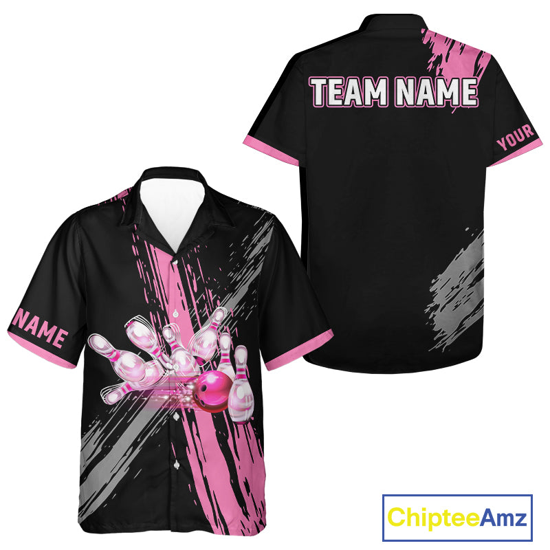 Black and pink ribbon Breast Cancer Awareness Bowling Hawaiian shirt custom team bowling shirt NQS10197