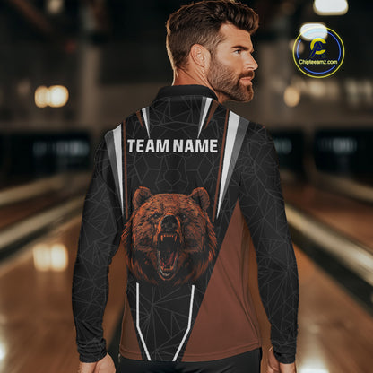 Personalized Bear Bowling Polo, Quarter Zip Shirts For Men, Bear Bowling Team Brown League Jersey NQS10344