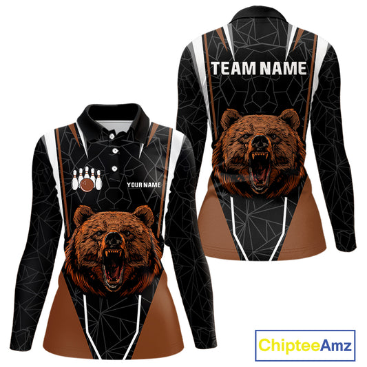 Personalized Bear Bowling Polo, Quarter Zip Shirts For Women, Bear Bowling Team Brown League Jersey NQS10344