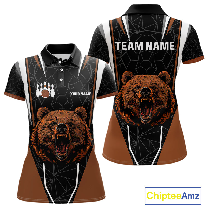 Personalized Bear Bowling Polo, Quarter Zip Shirts For Women, Bear Bowling Team Brown League Jersey NQS10344