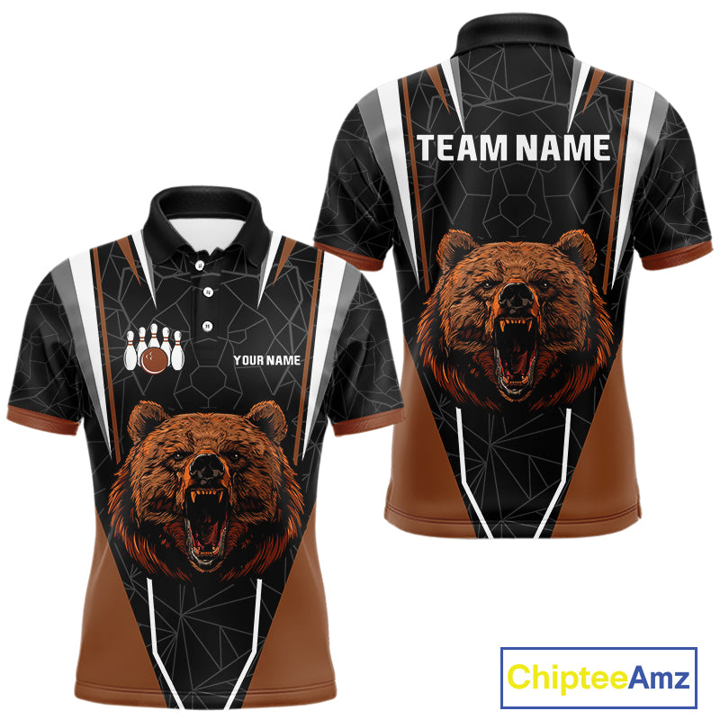 Personalized Bear Bowling Polo, Quarter Zip Shirts For Men, Bear Bowling Team Brown League Jersey NQS10344