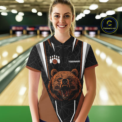 Personalized Bear Bowling Polo, Quarter Zip Shirts For Women, Bear Bowling Team Brown League Jersey NQS10344