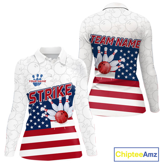 Personalized American Flag Strike Women Bowling Polo, 1/4 Zip Shirts, Patriotic Bowling Team Jersey NQS10345