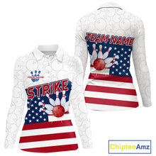 Load image into Gallery viewer, Personalized American Flag Strike Women Bowling Polo, 1/4 Zip Shirts, Patriotic Bowling Team Jersey NQS10345