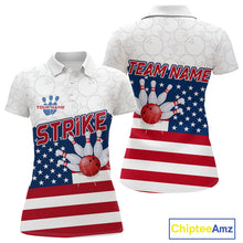 Load image into Gallery viewer, Personalized American Flag Strike Women Bowling Polo, 1/4 Zip Shirts, Patriotic Bowling Team Jersey NQS10345