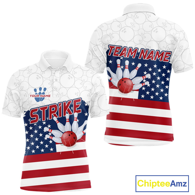 Personalized American Flag Strike Bowling Polo, 1/4 Zip Shirts For Men, Patriotic Bowling Team Jersey NQS10345