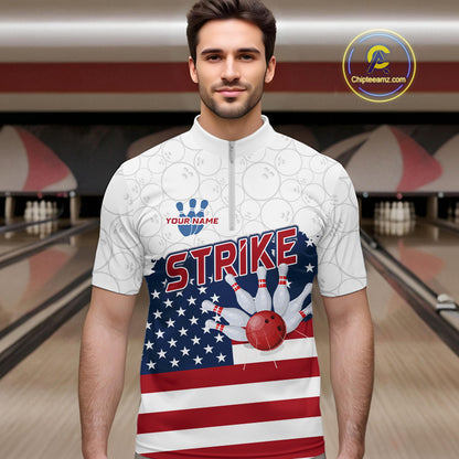 Personalized American Flag Strike Bowling Polo, 1/4 Zip Shirts For Men, Patriotic Bowling Team Jersey NQS10345