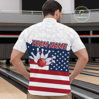 Personalized American Flag Strike Bowling Polo, 1/4 Zip Shirts For Men, Patriotic Bowling Team Jersey NQS10345