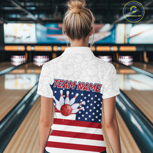 Load image into Gallery viewer, Personalized American Flag Strike Women Bowling Polo, 1/4 Zip Shirts, Patriotic Bowling Team Jersey NQS10345