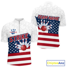 Load image into Gallery viewer, Personalized American Flag Strike Bowling Polo, 1/4 Zip Shirts For Men, Patriotic Bowling Team Jersey NQS10345