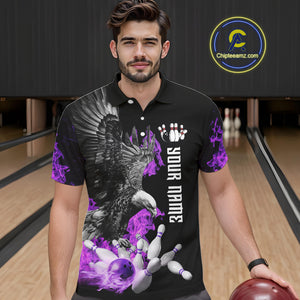 Custom Purple Flame Black Eagle Bowling Polo, Quarter Zip Shirt For Men, Team Bowling Clothes NQS10351