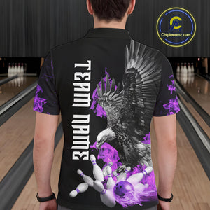Custom Purple Flame Black Eagle Bowling Polo, Quarter Zip Shirt For Men, Team Bowling Clothes NQS10351