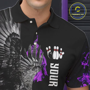 Custom Purple Flame Black Eagle Bowling Polo, Quarter Zip Shirt For Men, Team Bowling Clothes NQS10351