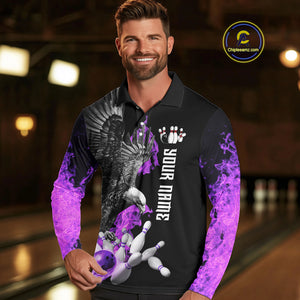 Custom Purple Flame Black Eagle Bowling Polo, Quarter Zip Shirt For Men, Team Bowling Clothes NQS10351