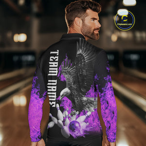 Custom Purple Flame Black Eagle Bowling Polo, Quarter Zip Shirt For Men, Team Bowling Clothes NQS10351