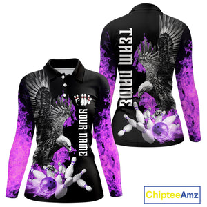 Custom Purple Flame Black Eagle Bowling Polo, Quarter Zip Shirt For Women, Team Bowling Clothes NQS10351