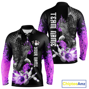 Custom Purple Flame Black Eagle Bowling Polo, Quarter Zip Shirt For Men, Team Bowling Clothes NQS10351