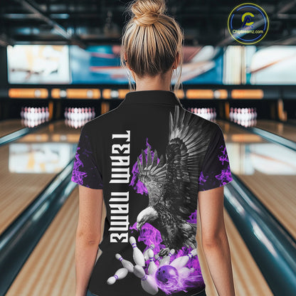Custom Purple Flame Black Eagle Bowling Polo, Quarter Zip Shirt For Women, Team Bowling Clothes NQS10351