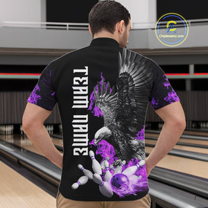 Custom Purple Flame Black Eagle Bowling Polo, Quarter Zip Shirt For Men, Team Bowling Clothes NQS10351
