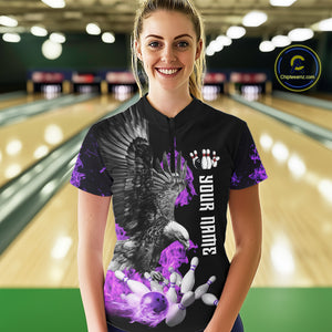 Custom Purple Flame Black Eagle Bowling Polo, Quarter Zip Shirt For Women, Team Bowling Clothes NQS10351
