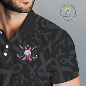 Pink and black Ribbons Pattern Mens Golf Polo Shirts Custom Breast cancer awareness Team Golf attire NQS10559