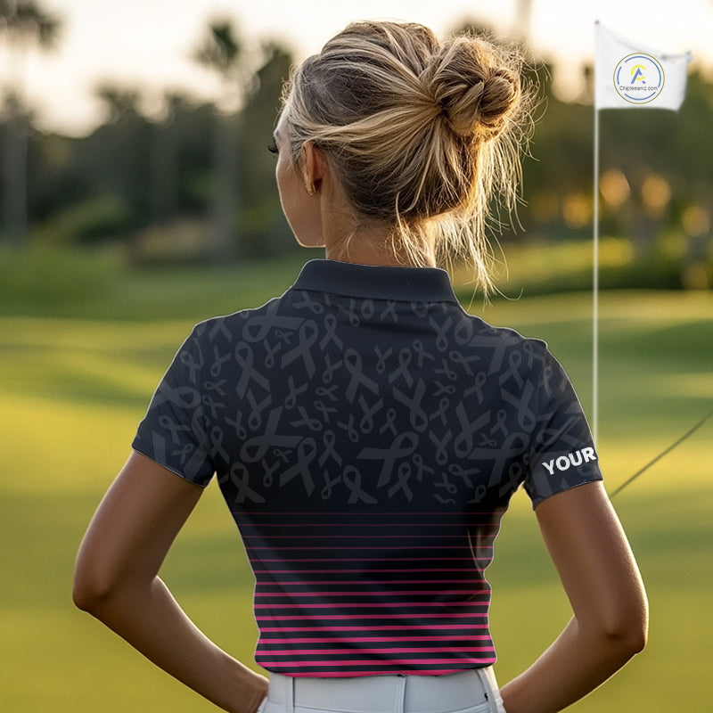 Pink and black Ribbons Pattern Women Golf Polo Shirt Custom Breast cancer awareness Team Golf attire NQS10559