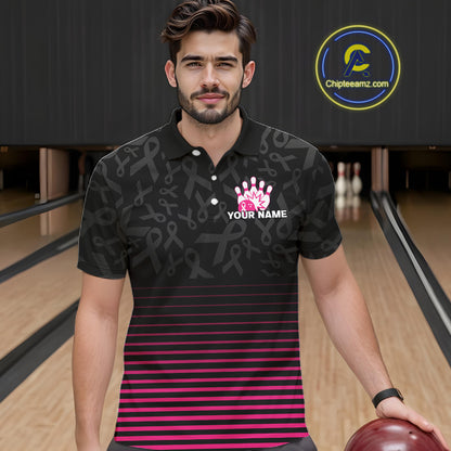Pink and black Ribbons Pattern Bowling Shirts For Men Custom Breast cancer Team Bowler Jersey NQS10560