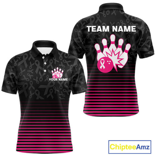 Pink and black Ribbons Pattern Bowling Shirts For Men Custom Breast cancer Team Bowler Jersey NQS10560