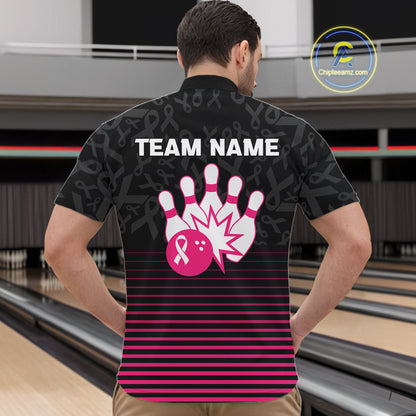 Pink and black Ribbons Pattern Bowling Shirts For Men Custom Breast cancer Team Bowler Jersey NQS10560