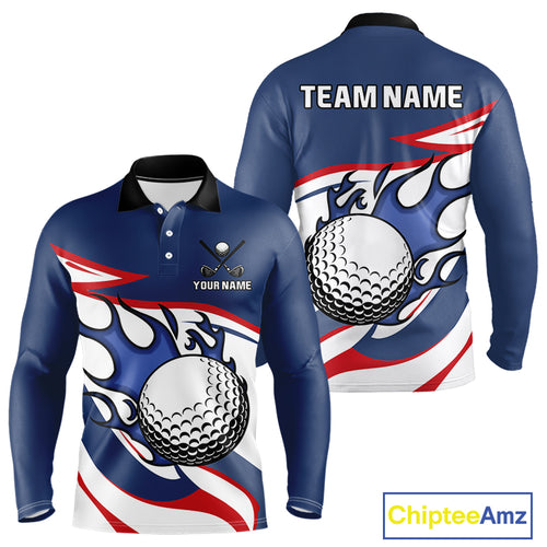 Red, White and Blue Flame golf ball Mens Golf polo shirts Custom patriotic Golf Outfit For Mens NQS10044