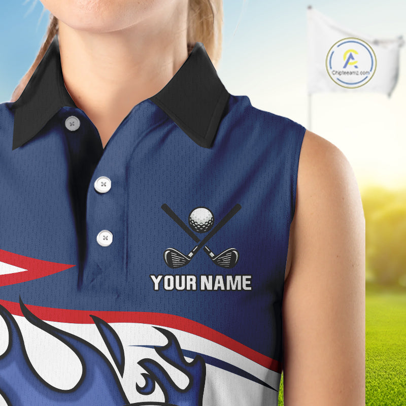 Red, White and Blue Flame golf ball Women Sleeveless Golf polo shirts Custom patriotic Golf Outfit NQS10044